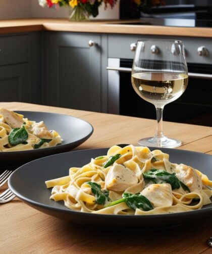 makaron tagiatelle z kurczakiem i szpinakiem