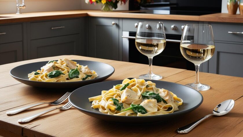 makaron tagiatelle z kurczakiem i szpinakiem