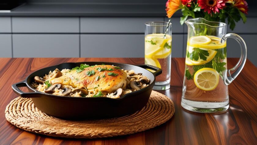 kurczak zapiekany z ryżem i pieczarkami