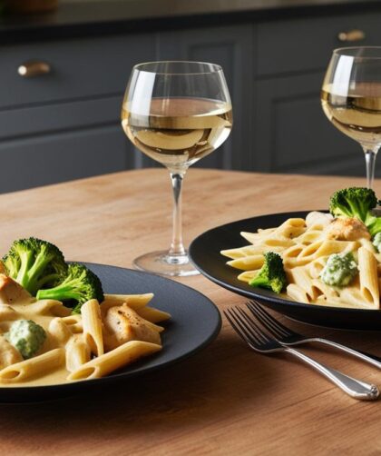 sos serowy z kurczakiem i brokułami