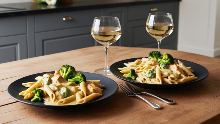 sos serowy z kurczakiem i brokułami