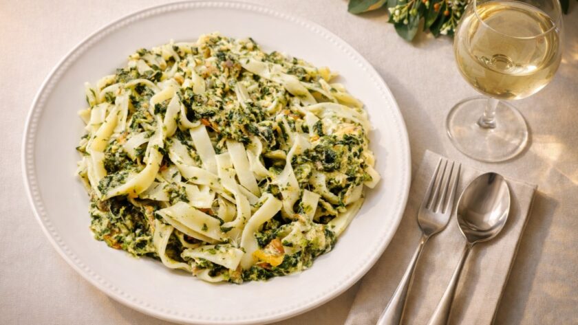 tagliatelle z łososiem i szpinakiem